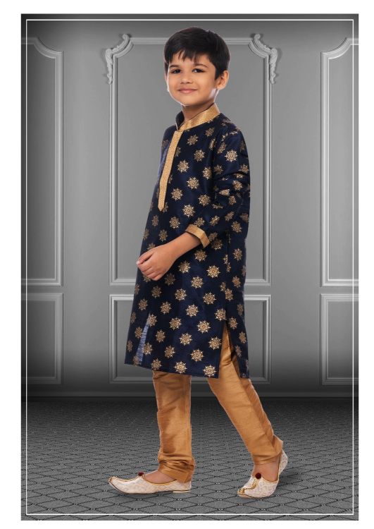 Picture of Splendid Printed Dhupion Silk Navy Blue Kurta Pajama
