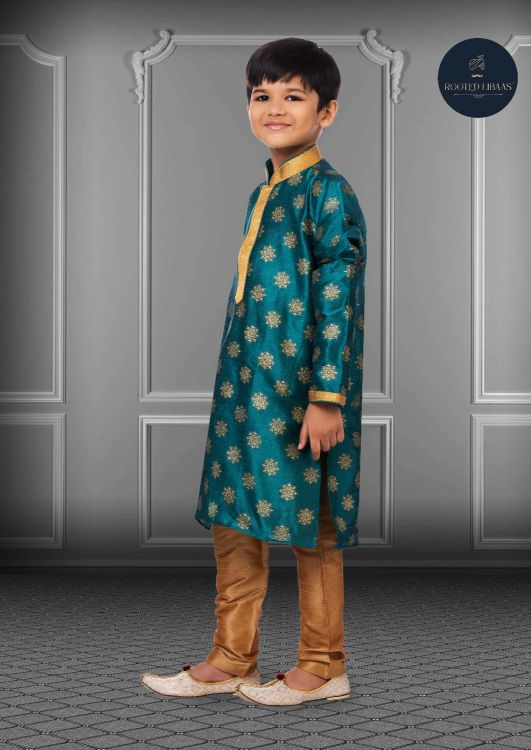 Picture of Appealing Printed Dhupion Silk Rama Blue Kurta Pajama