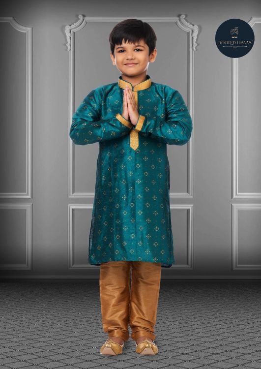 Picture of Ideal Printed Dhupion Silk Rama Blue Kurta Pajama