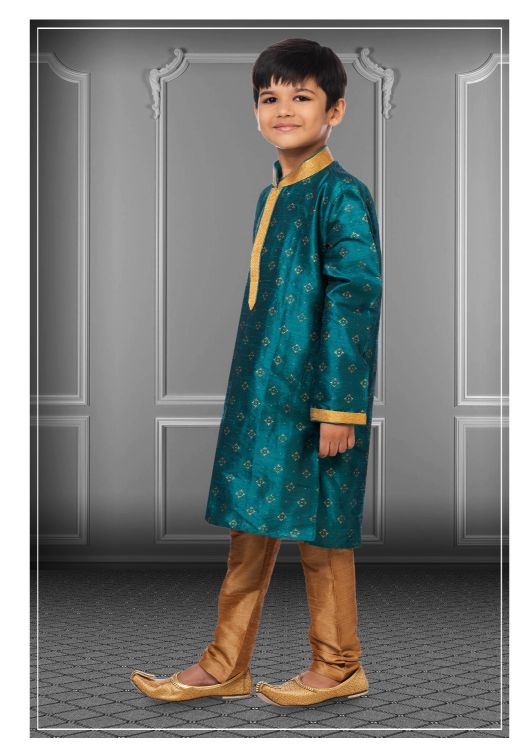 Picture of Ideal Printed Dhupion Silk Rama Blue Kurta Pajama