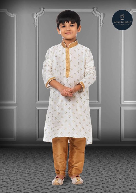 Picture of Ravishing Printed Dhupion Silk White Kurta Pajama