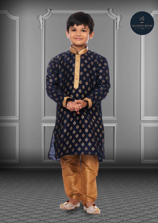 Picture of Marvelous Printed Dhupion Silk Navy Blue Kurta Pajama