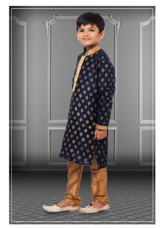 Picture of Marvelous Printed Dhupion Silk Navy Blue Kurta Pajama