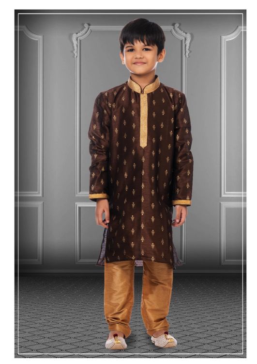 Picture of Appealing Printed Dhupion Silk Brown Kurta Pajama