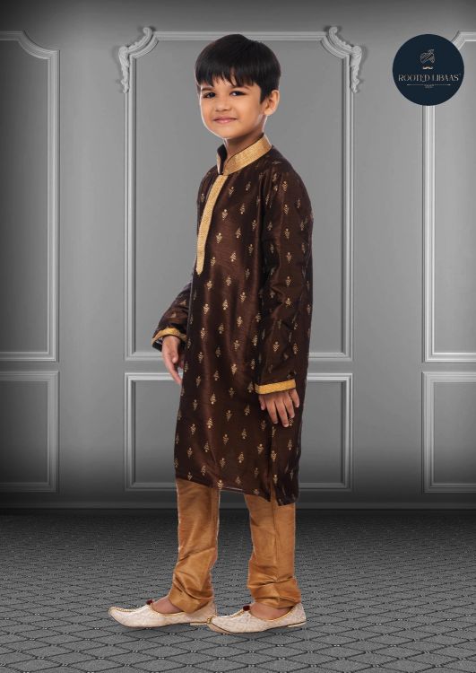 Picture of Appealing Printed Dhupion Silk Brown Kurta Pajama