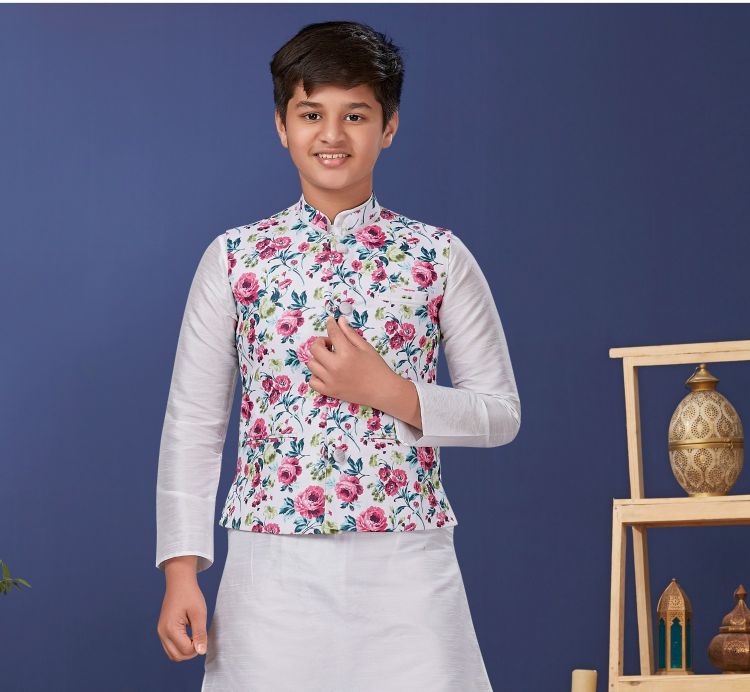 Picture of Radiant Cotton Printed White Nehru Jacket