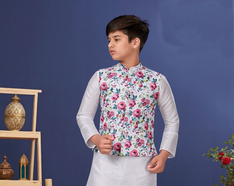 Picture of Radiant Cotton Printed White Nehru Jacket