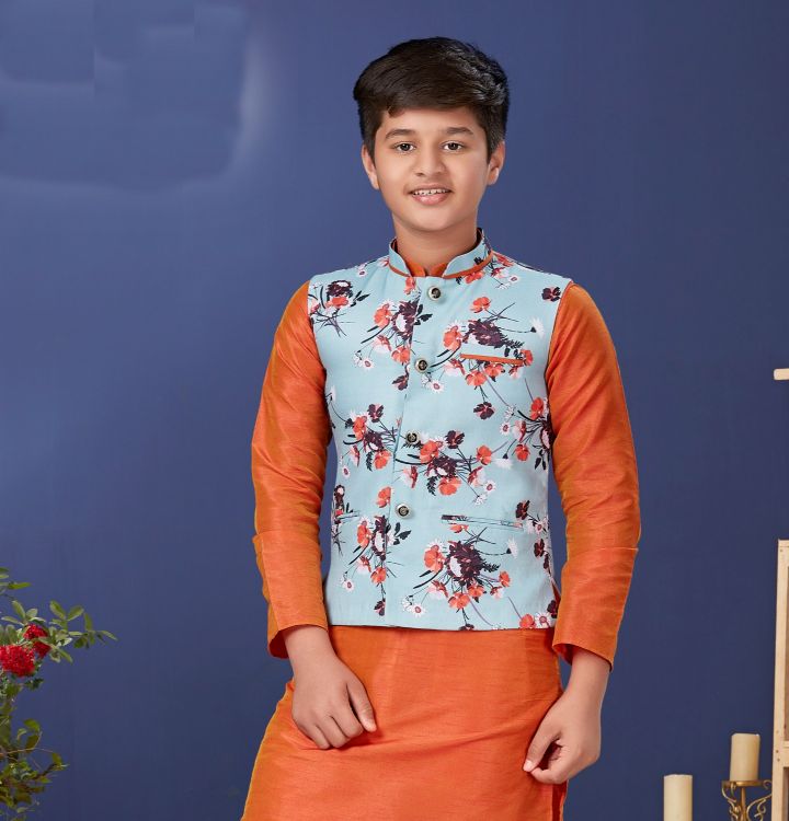 Picture of Appealing Cotton Printed Sky Blue Nehru Jacket