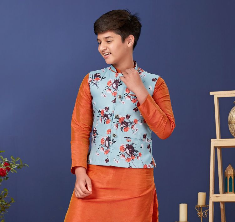 Picture of Appealing Cotton Printed Sky Blue Nehru Jacket