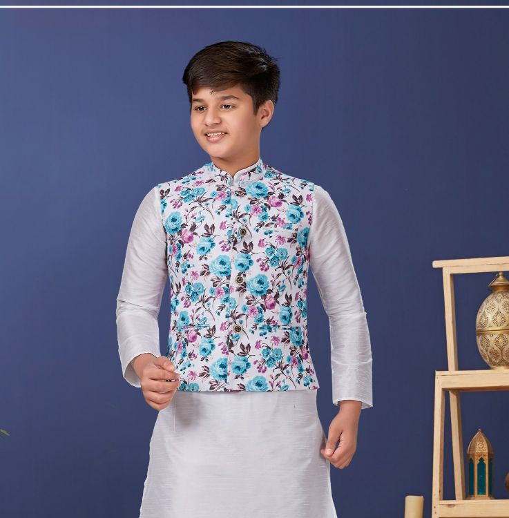 Picture of Well Formed Cotton Printed White Nehru Jacket