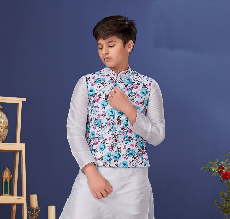 Picture of Well Formed Cotton Printed White Nehru Jacket