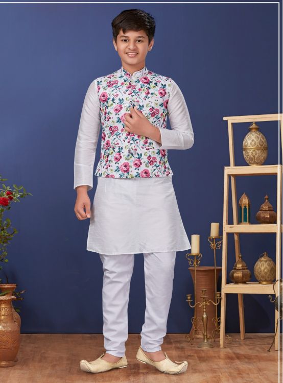 Picture of Grand Dhupion Silk White Kurta Pajama With Jacket