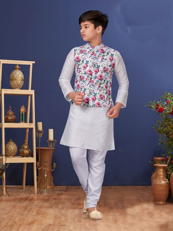 Picture of Grand Dhupion Silk White Kurta Pajama With Jacket