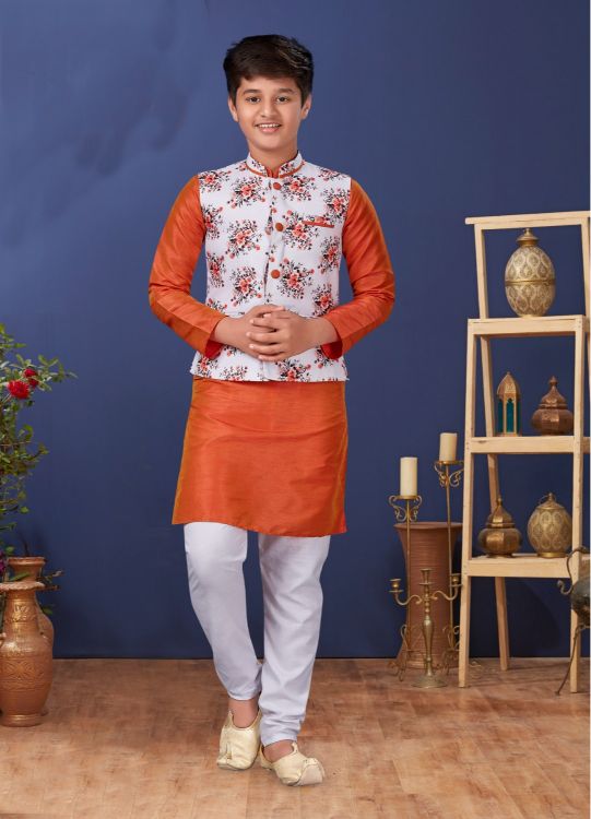 Picture of Pleasing Dhupion Silk Orange Kurta Pajama With Jacket