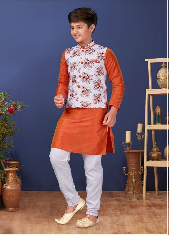 Picture of Pleasing Dhupion Silk Orange Kurta Pajama With Jacket