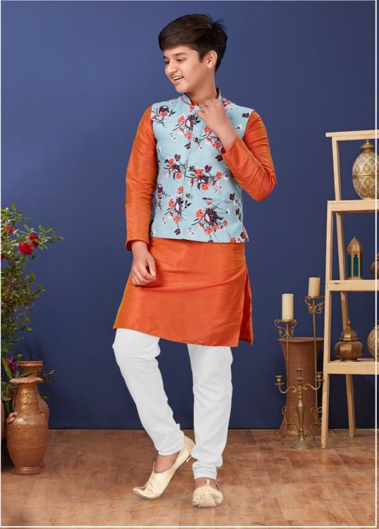 Picture of Pretty Dhupion Silk Orange Kurta Pajama With Jacket