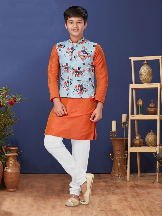 Picture of Pretty Dhupion Silk Orange Kurta Pajama With Jacket