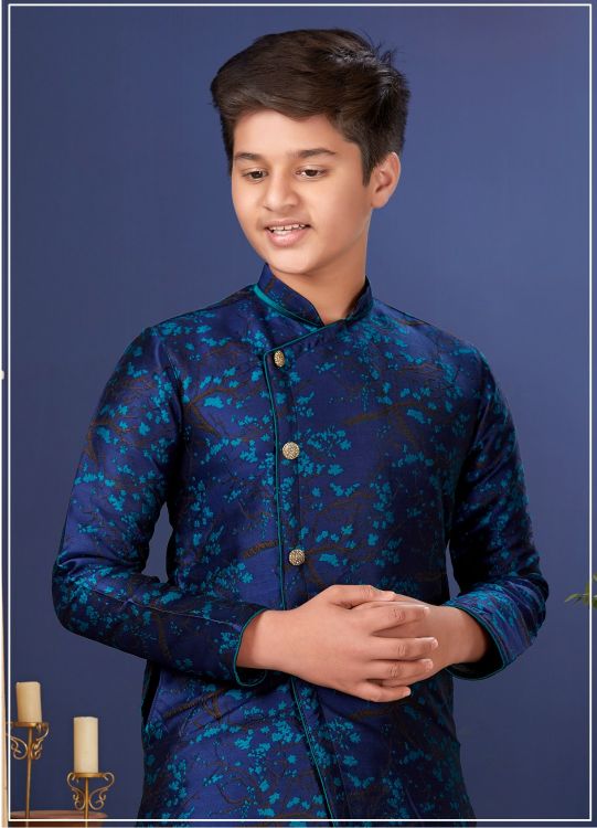 Picture of Grand Jacquard Silk Blue Indo Western