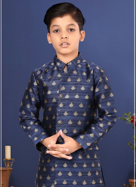 Picture of Admirable Jacquard Silk Navy Blue Indo Western