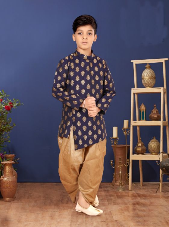 Picture of Grand Jacquard Silk Navy Blue Indo Western