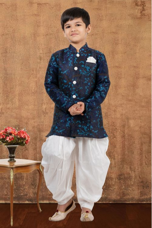 Picture of Lovely Jacquard Silk Navy Blue Indo Western