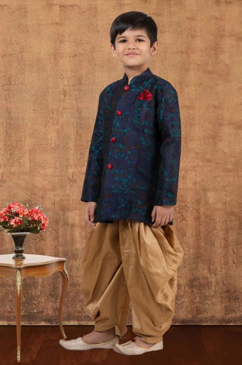 Picture of Resplendent Jacquard Silk Navy Blue Indo Western