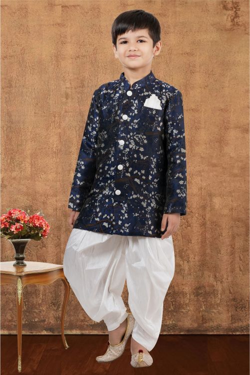 Picture of Splendid Jacquard Silk Navy Blue Indo Western