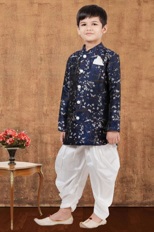 Picture of Splendid Jacquard Silk Navy Blue Indo Western