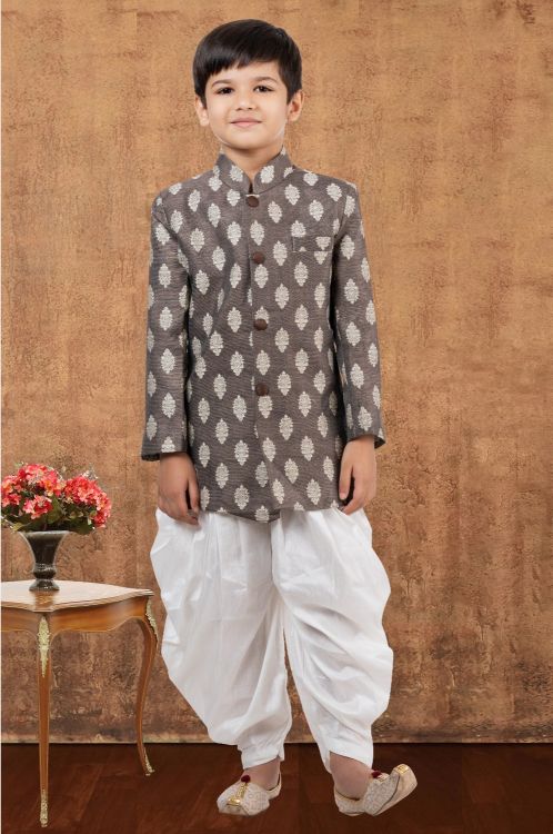 Picture of Beauteous Jacquard Silk Saddle Brown Indo Western