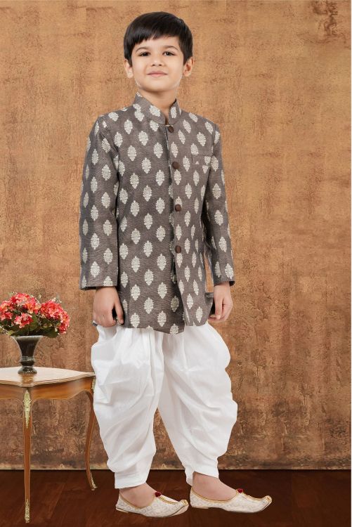 Picture of Beauteous Jacquard Silk Saddle Brown Indo Western