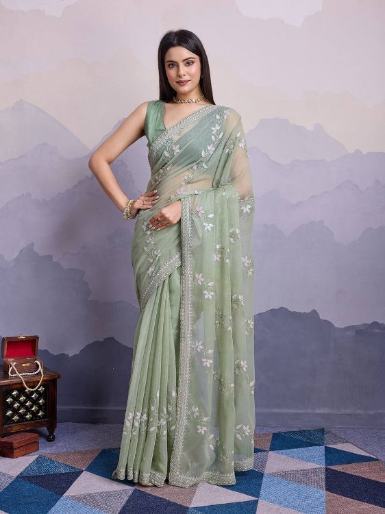 Picture of Well Formed Simmer Chiffon Dark Sea Green Saree