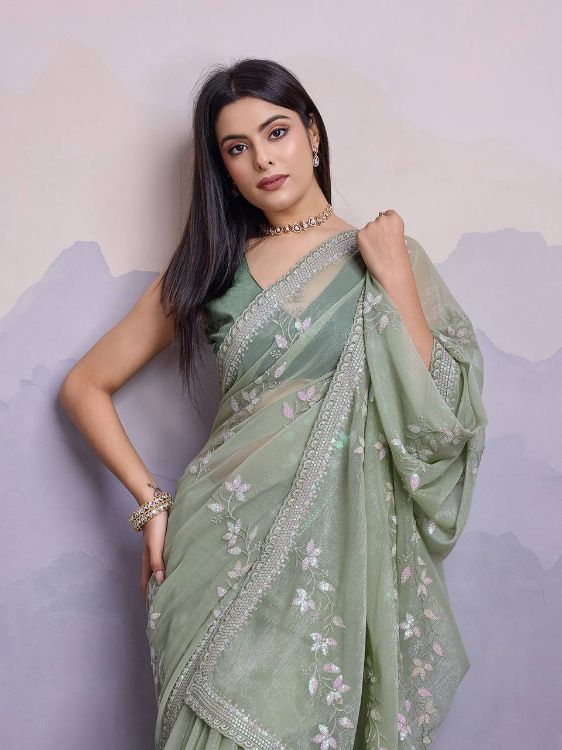 Picture of Well Formed Simmer Chiffon Dark Sea Green Saree