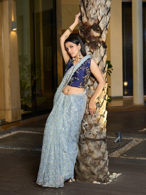 Picture of Beautiful Taffeta Silk Sky Blue Saree