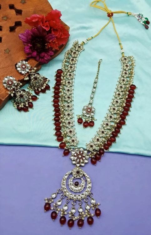 Picture of Elegant Alloy & Stone & Moti Maroon Necklace