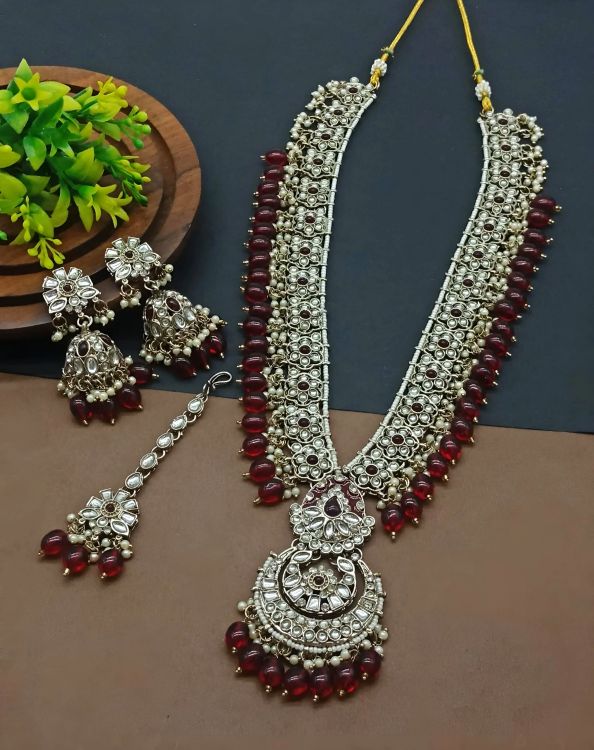 Picture of Ideal Alloy & Stone & Moti Maroon Necklace