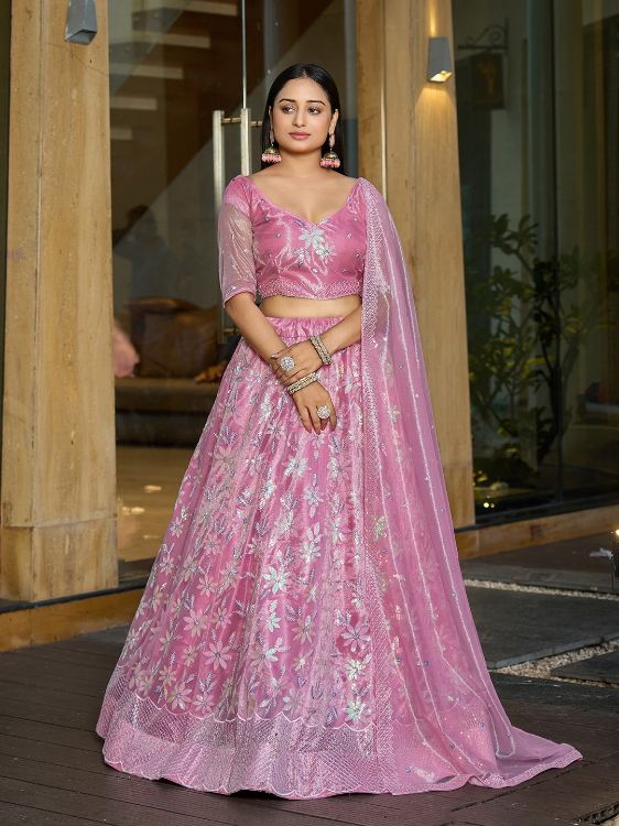 Picture of Well Formed Silk Net Pink Lehenga Choli