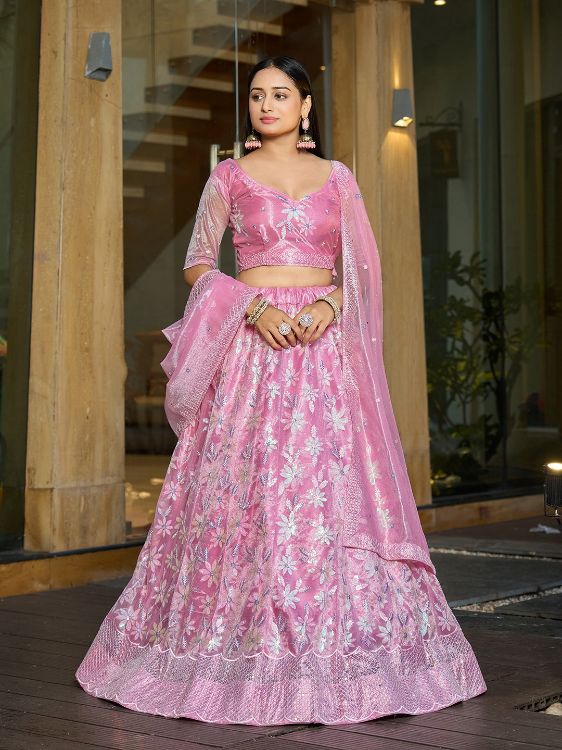 Picture of Well Formed Silk Net Pink Lehenga Choli