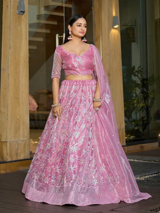 Picture of Well Formed Silk Net Pink Lehenga Choli