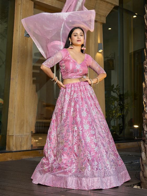 Picture of Well Formed Silk Net Pink Lehenga Choli