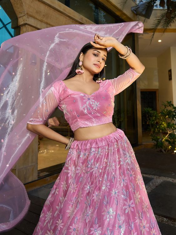 Picture of Well Formed Silk Net Pink Lehenga Choli