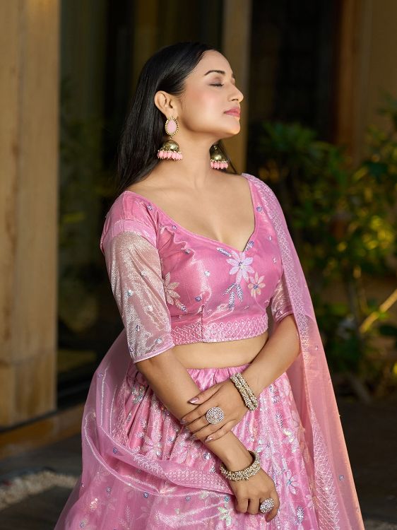 Picture of Well Formed Silk Net Pink Lehenga Choli