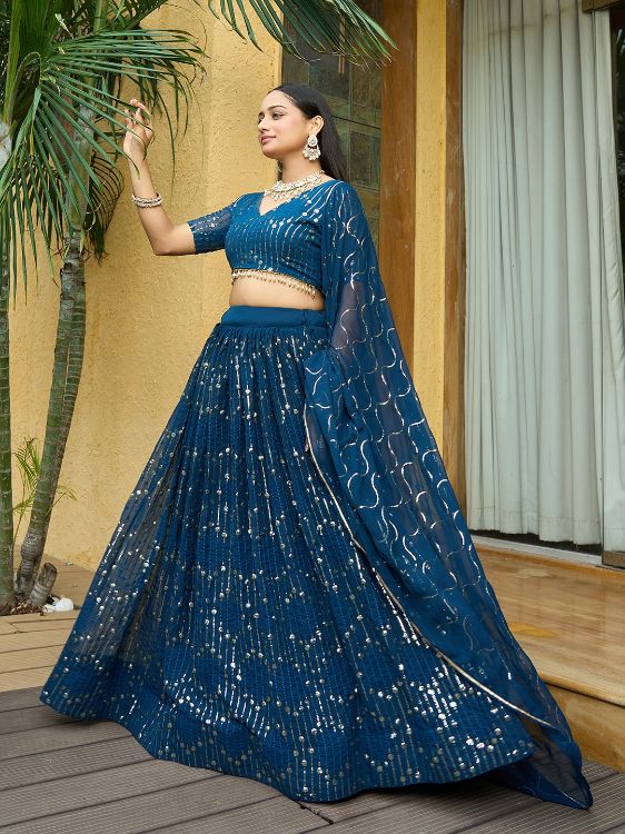 Picture of Excellent Georgette Teal Lehenga Choli