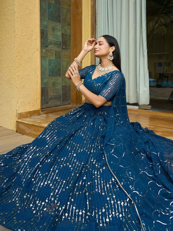 Picture of Excellent Georgette Teal Lehenga Choli