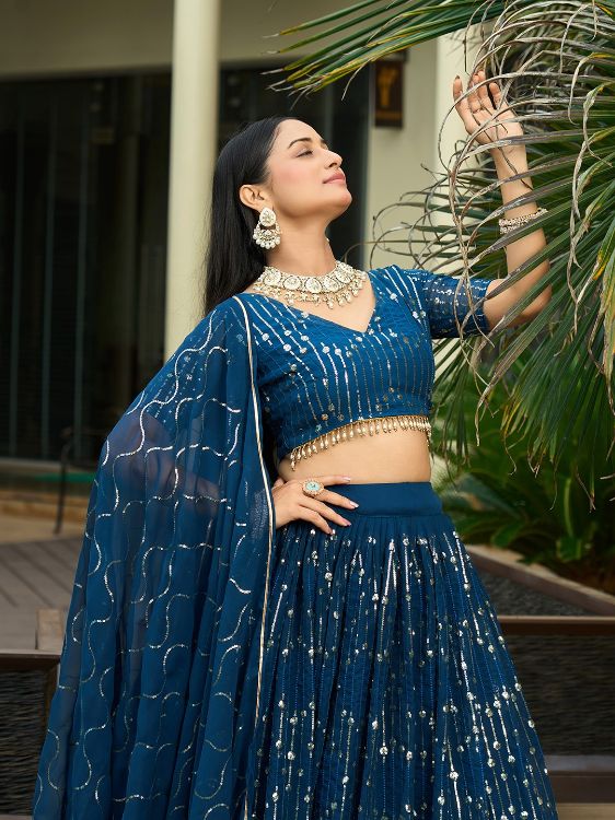 Picture of Excellent Georgette Teal Lehenga Choli