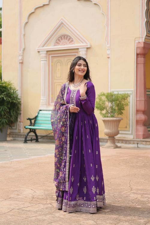 Picture of Charming Chiffon Purple Readymade Gown With Dupatta