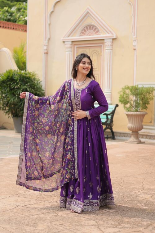 Picture of Charming Chiffon Purple Readymade Gown With Dupatta