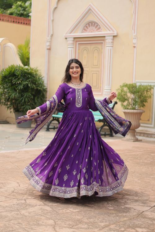 Picture of Charming Chiffon Purple Readymade Gown With Dupatta