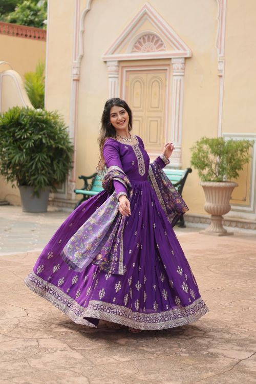 Picture of Charming Chiffon Purple Readymade Gown With Dupatta