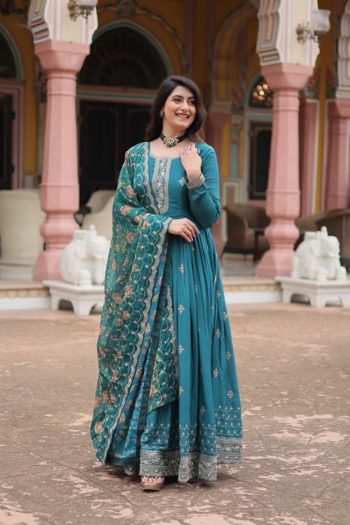 Picture of Shapely Chiffon Blue Readymade Gown With Dupatta
