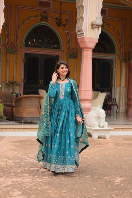Picture of Shapely Chiffon Blue Readymade Gown With Dupatta